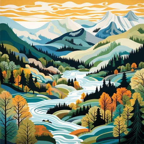 Finnish mountain landscape drawn graphically using the style of Alvar Aalto