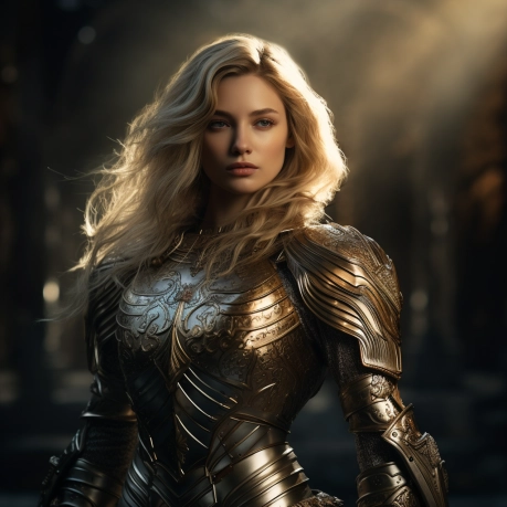 Photo of. A beautiful Valkyrie in armor, standing against the backdrop of Asgard. She is 35-40 years old, with medium-length blonde hair. In her hand is a sword.