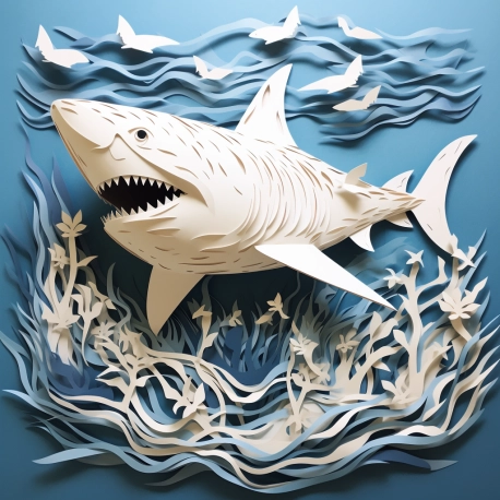 paper cutout of a shark swimming through the ocean trying to catch a larger fish