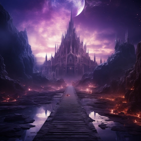 8K, high resolution, digital manipulation, surrealism, mythological, cosmic stardust, purple citadel, ancient magical scene