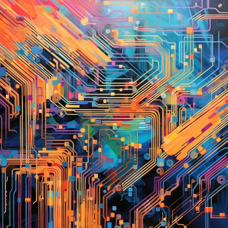 An abstract oil painting of a vibrant circuit board pattern, utilizing a diagonal composition with leading lines. The color palette is bright and complementary, with techniques like glazing
