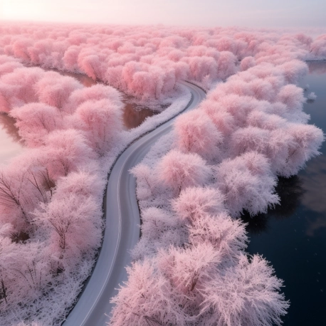There is a winding road on the water surface, with rows of pink trees on both sides of the road,winter,snow, photorealistic,DSLR,Canon EOS R5,national geographic photo,16k,high details