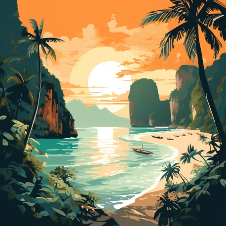 Koh phi phi, not too complex, modern, 4k, epic composition, flat vector art illustration, poster art,long shot