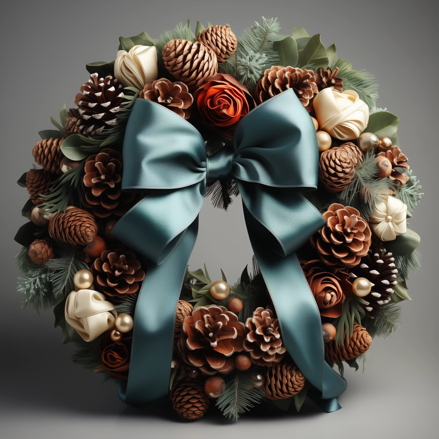Christmas wreath made of fir branches with pine cones, decorated with ribbons and Christmas tree decorations, at the bottom of the wreath there is a bow with a flower, hyper realistik