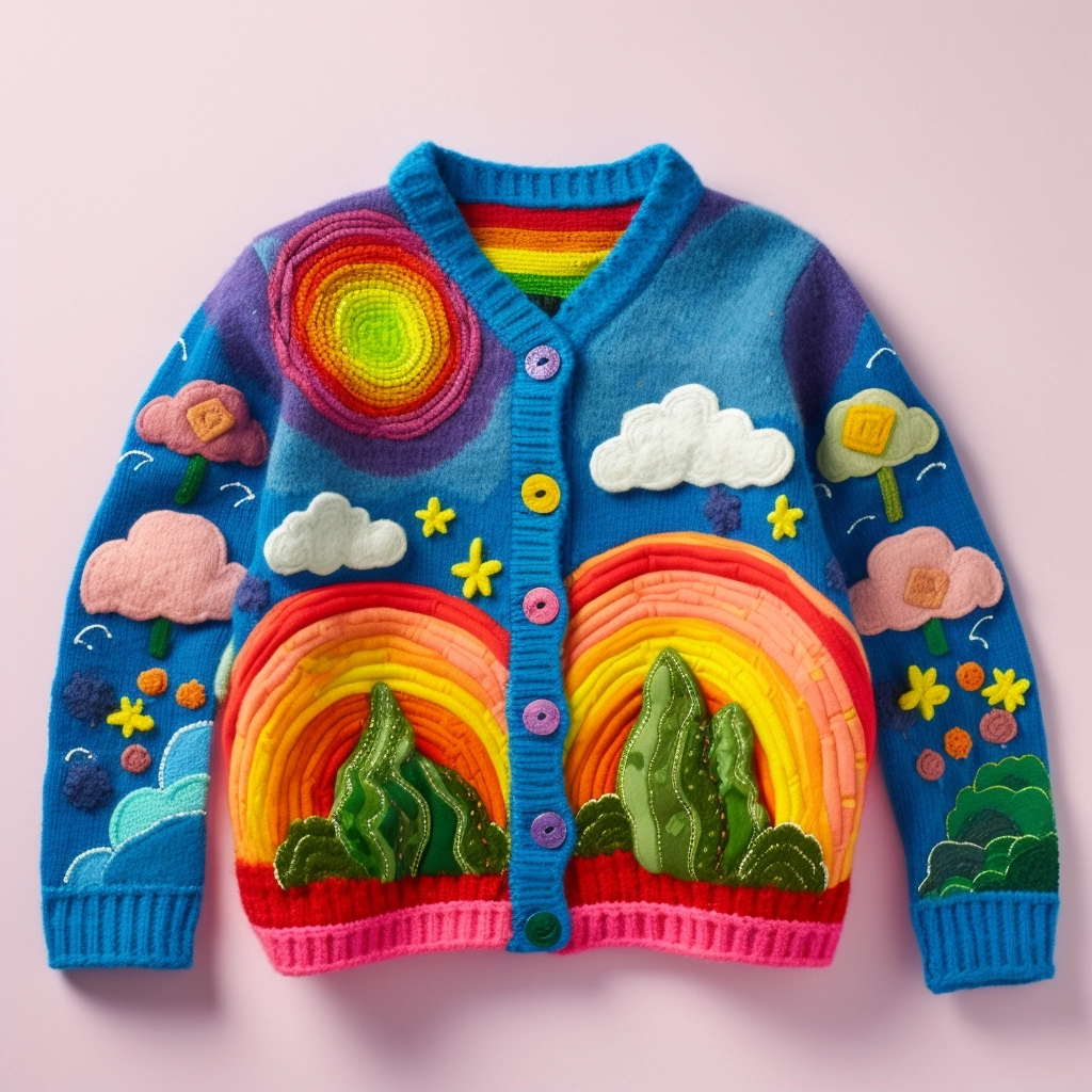 A cardigan that has a brightly colored rainbow clouds on it, in the style of playful and whimsical scenes, childlike illustrations , in the style of applique , strong color contrast