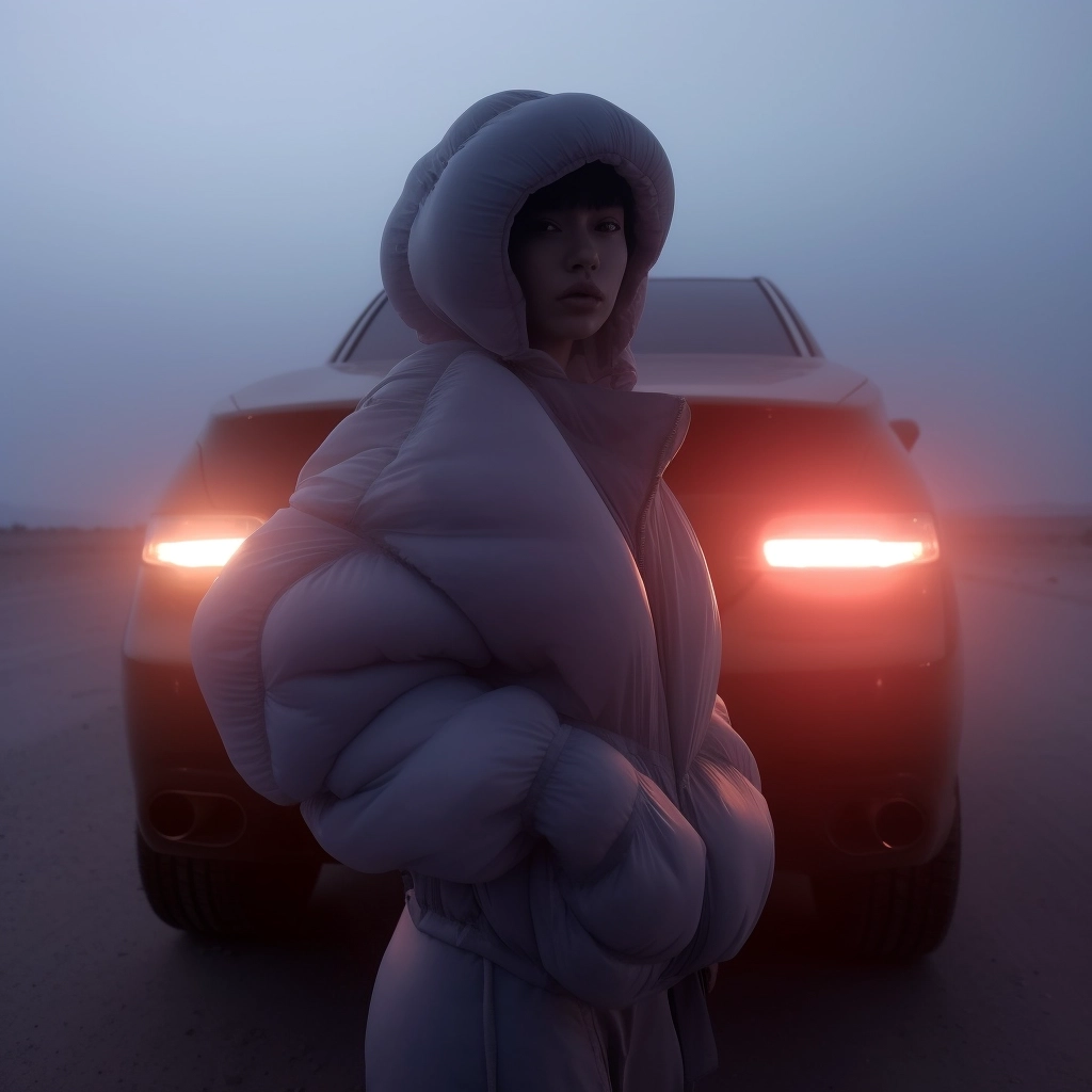 Ultra oversized dinyunzhang pufferjacket downjacket, Asian female model with dyed blue hair dancing in front of car rearlights in nighttime desert fog haze, wearing knit hat