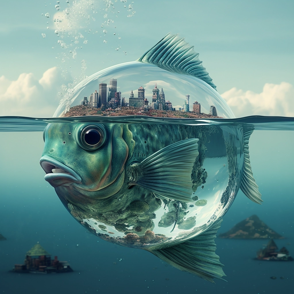 Underwatter fish with it's top fin sticking out of the watter to look like a land mass