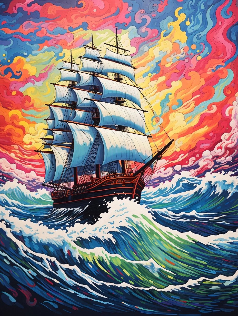 lino cut of A ship sailing in the water, adopting the Monet style, full of hidden details, realistic brushstrokes, meticulous brushstrokes, edited illustrations, historical accuracy