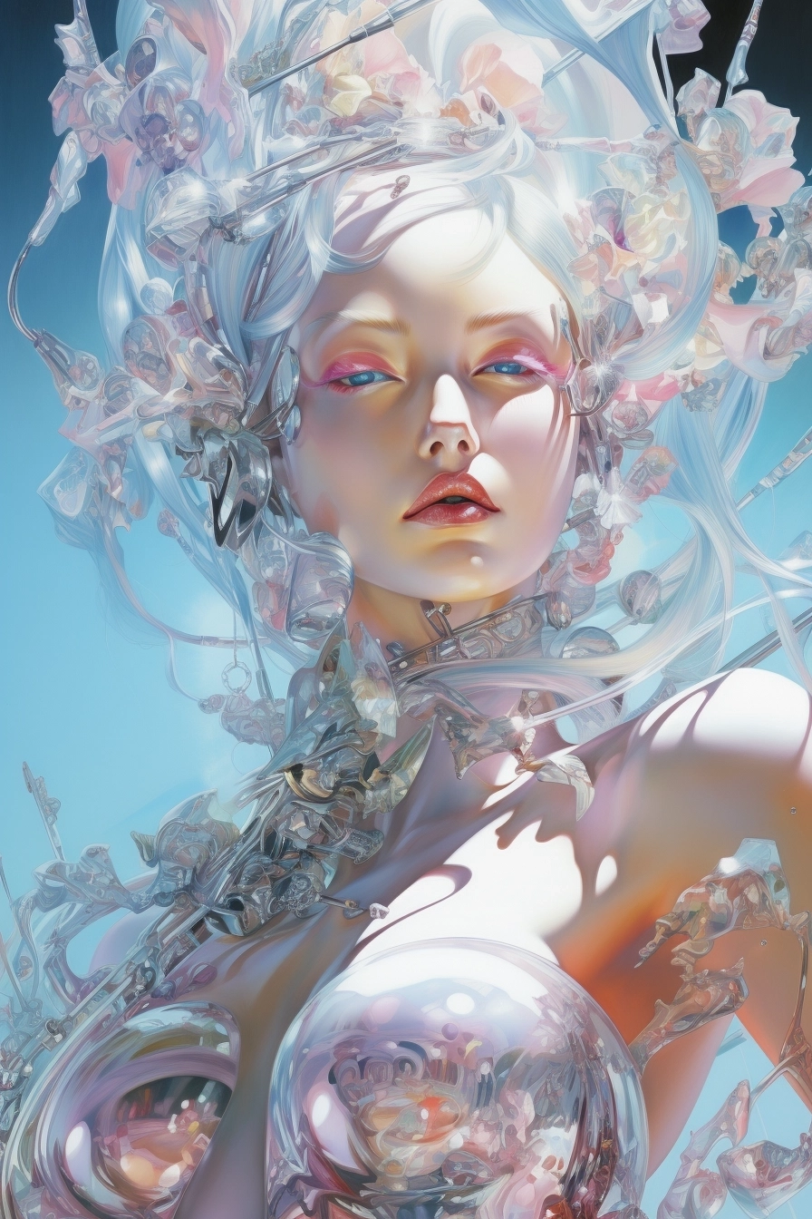 Dreamy fluffy psychedelic state, beauty in pure ecstasy painted by Hajime Sorayama