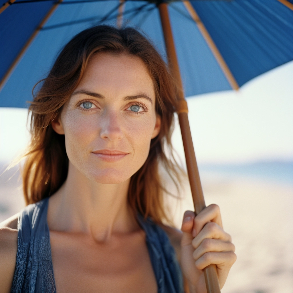Middle shot on 45 years old woman, pale brown hair, freckles, looking in camera, blue dress, blue sky, holding blue umbrella, medium format film camera, 75mm f/2.0, kodak portra 800