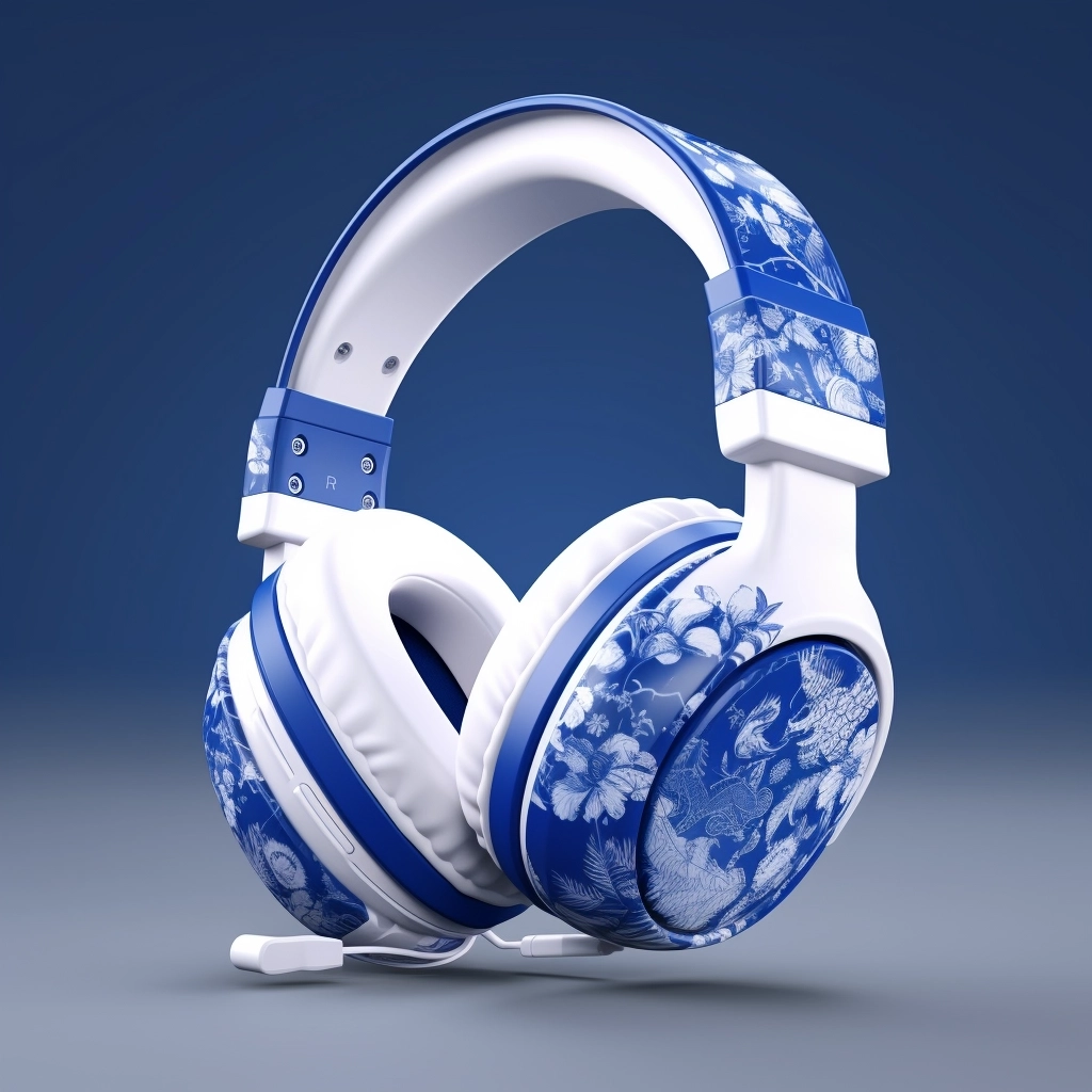 One headset, 4/3 Angle of view, Chinese style, blue and white porcelain blue, national tide, solid color background, OC rendering, high quality, super detail, realistic