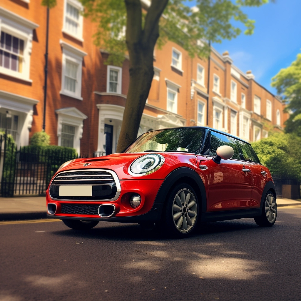 Ultra realistic Mini Cooper-E. Sunny day. London