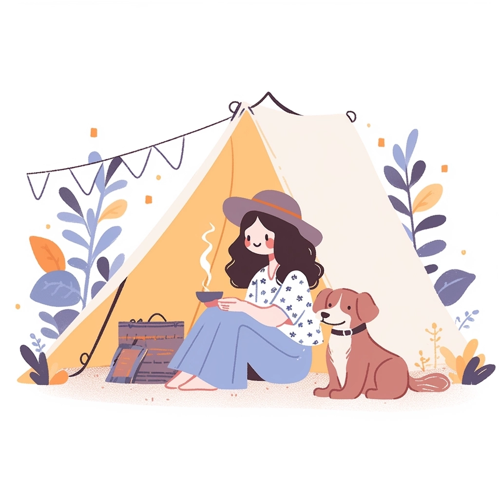 A woman sitting in front of a tent has a little dog next to her, minimalist, colorful illustrations, flat illustrations, white background