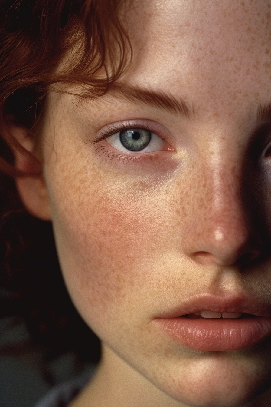 High realism portrait of a woman with the orbit eyes plenty of tears , gaze to right, closed lips that convey in a intensity expression In style of ethereal portraiture 8k resolution