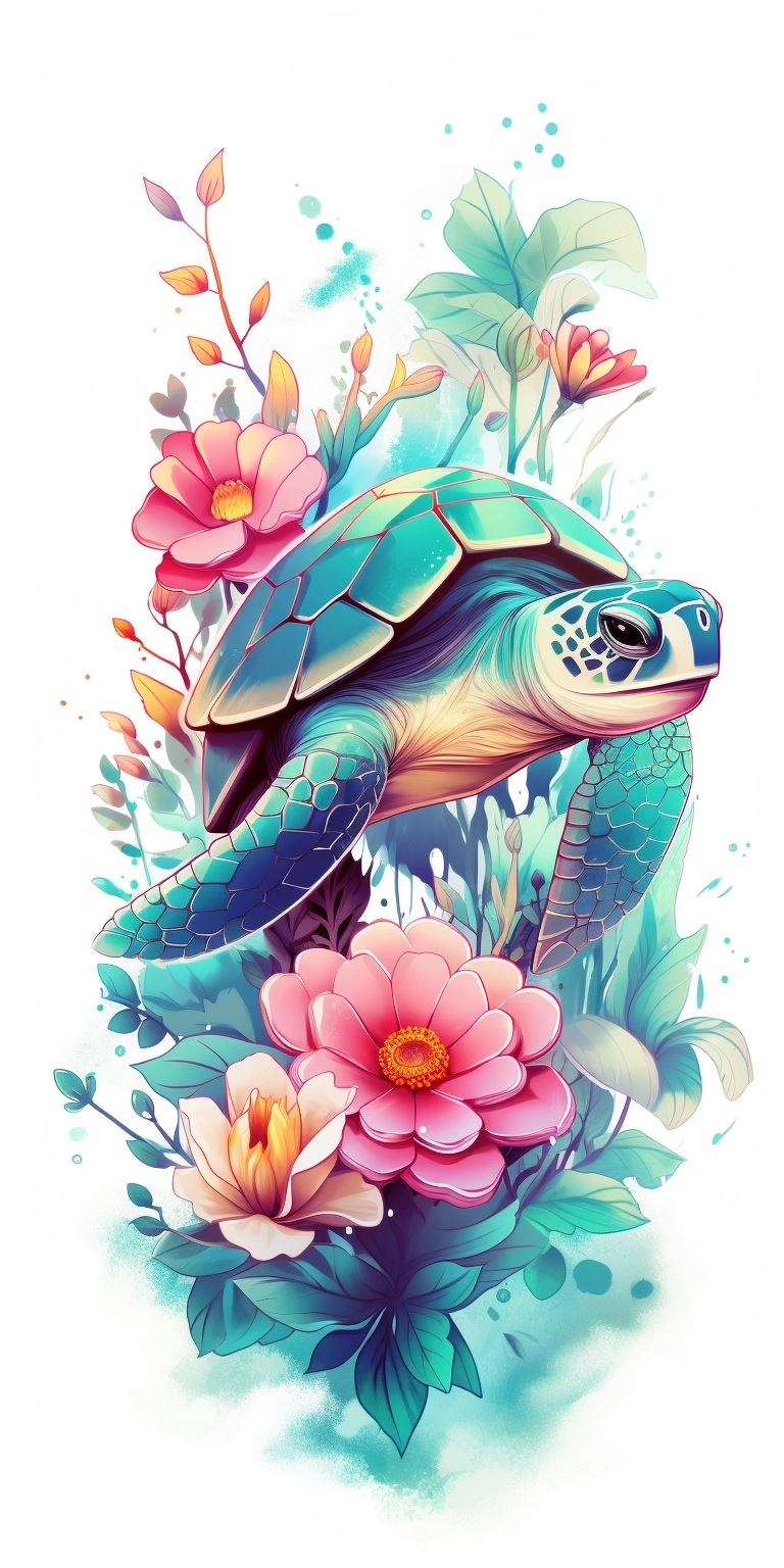 Cartoon turtle tattoo with flowers, in the style of aquamarine, digital print, nature-based patterns, colourful, captivating, turquoise, hazy