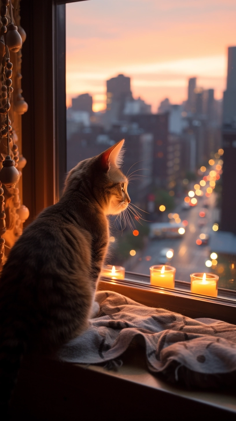 Photograph of a short-haired cat looking out a window at dawn, with a cityscape background, the room bathed in the soft glow of morning, creating a serene and cozy atmosphere