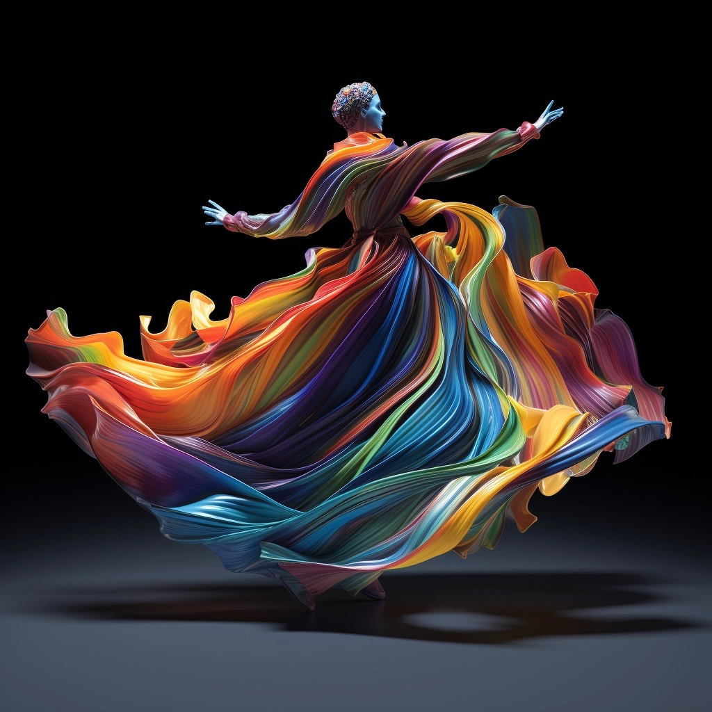 The silhouette of a man dancing in ribbons of color