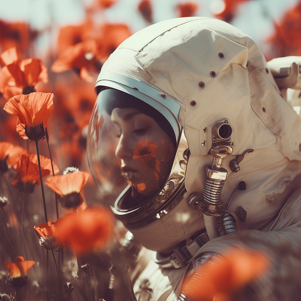 Birdview, Close-up: Astronaut in a Poppy field, styled with photorealistic and loose fluid techniques à la Guy Aroch and Flora Borsi. Nature, bright sky, evoking cinematic