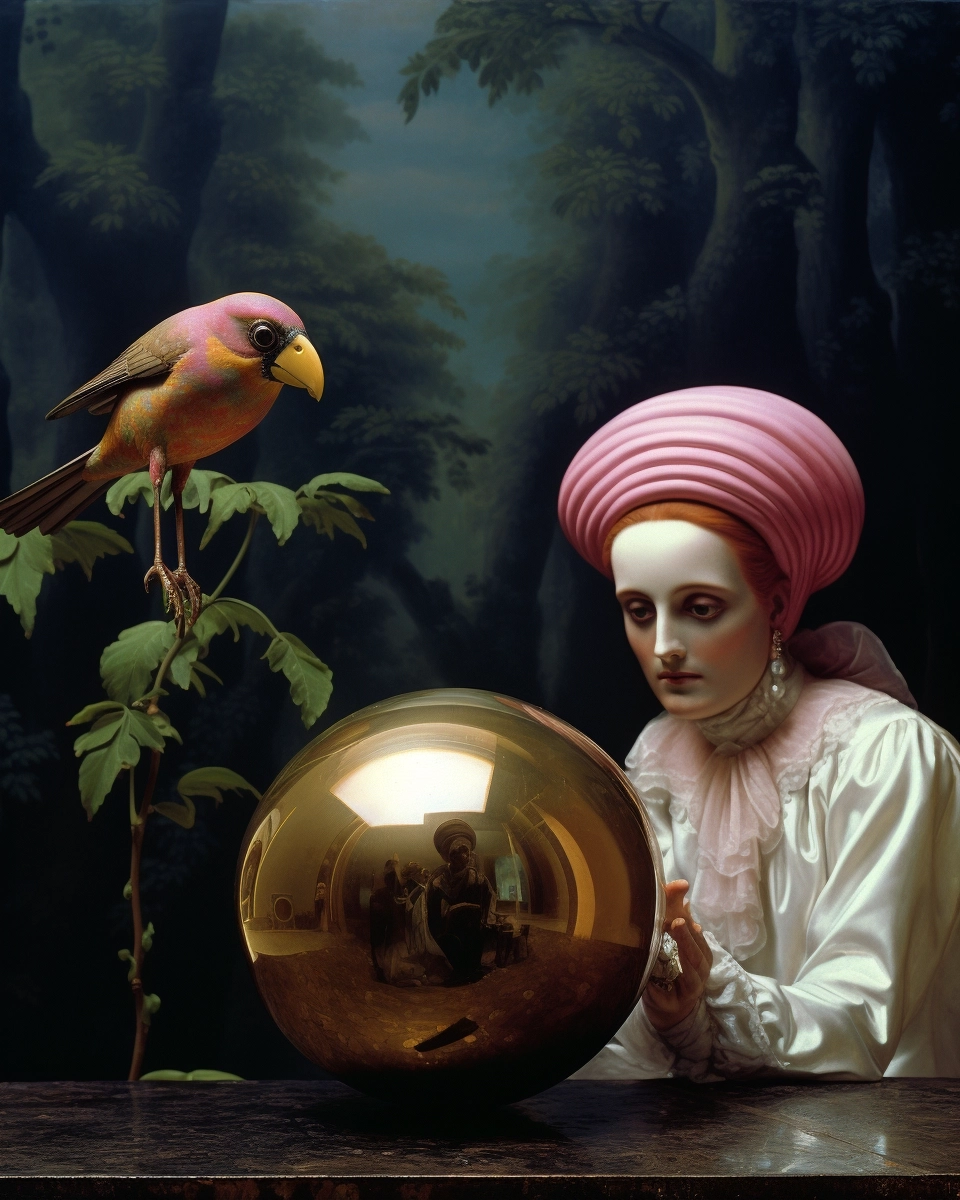 Photograph of 2 mexican entities, brass reflective ball, in the style of Glen Luchford, detailed photo-realism, in the style of in the style of precise accuracy