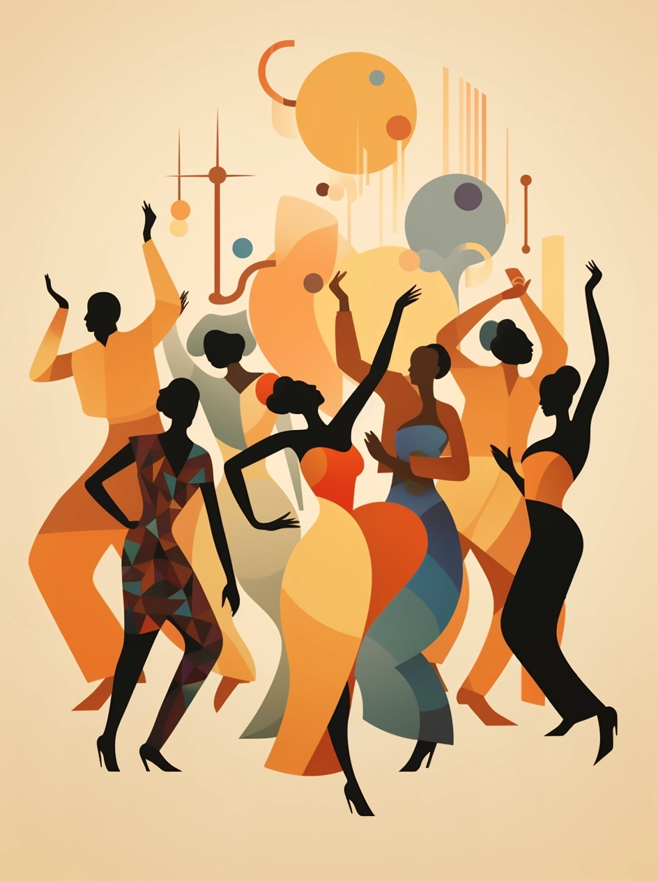 A group of people are dancing on a beige background, in the style of afro-caribbean influence, eiko ojala, mottled, musical academia, villagecore, karencore, black arts movement