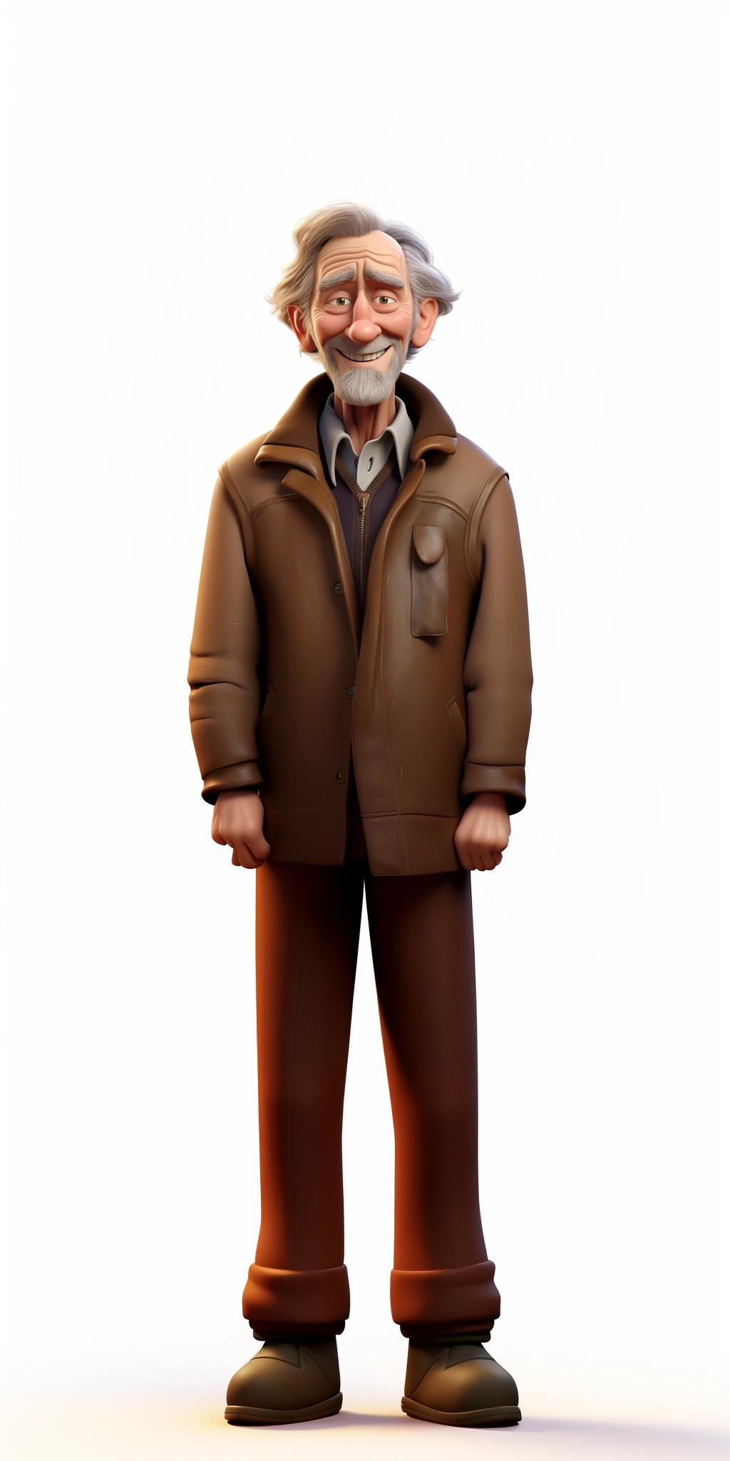 16:9 an old white man in a suede jacket, thinning brown hair, neutral facial expression, character in position easy to animate, white background, Pixar style.