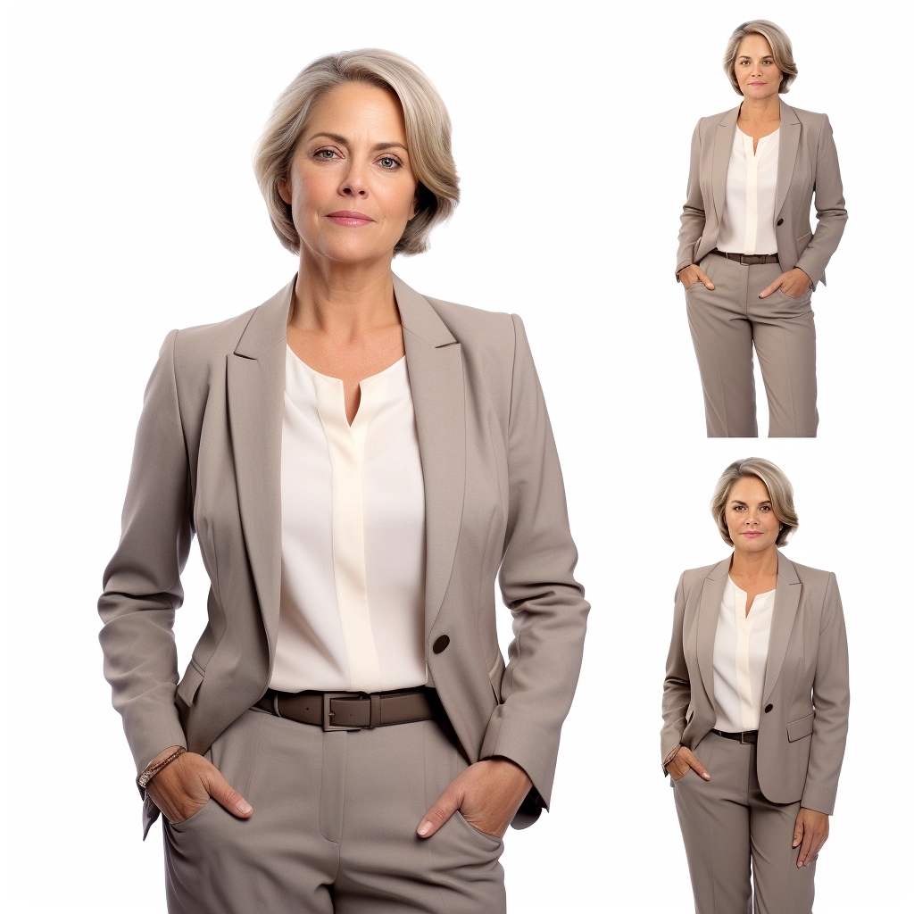 Sophisticated middle-aged business woman, multiple poses and expressions, 100% white background, photo realistic