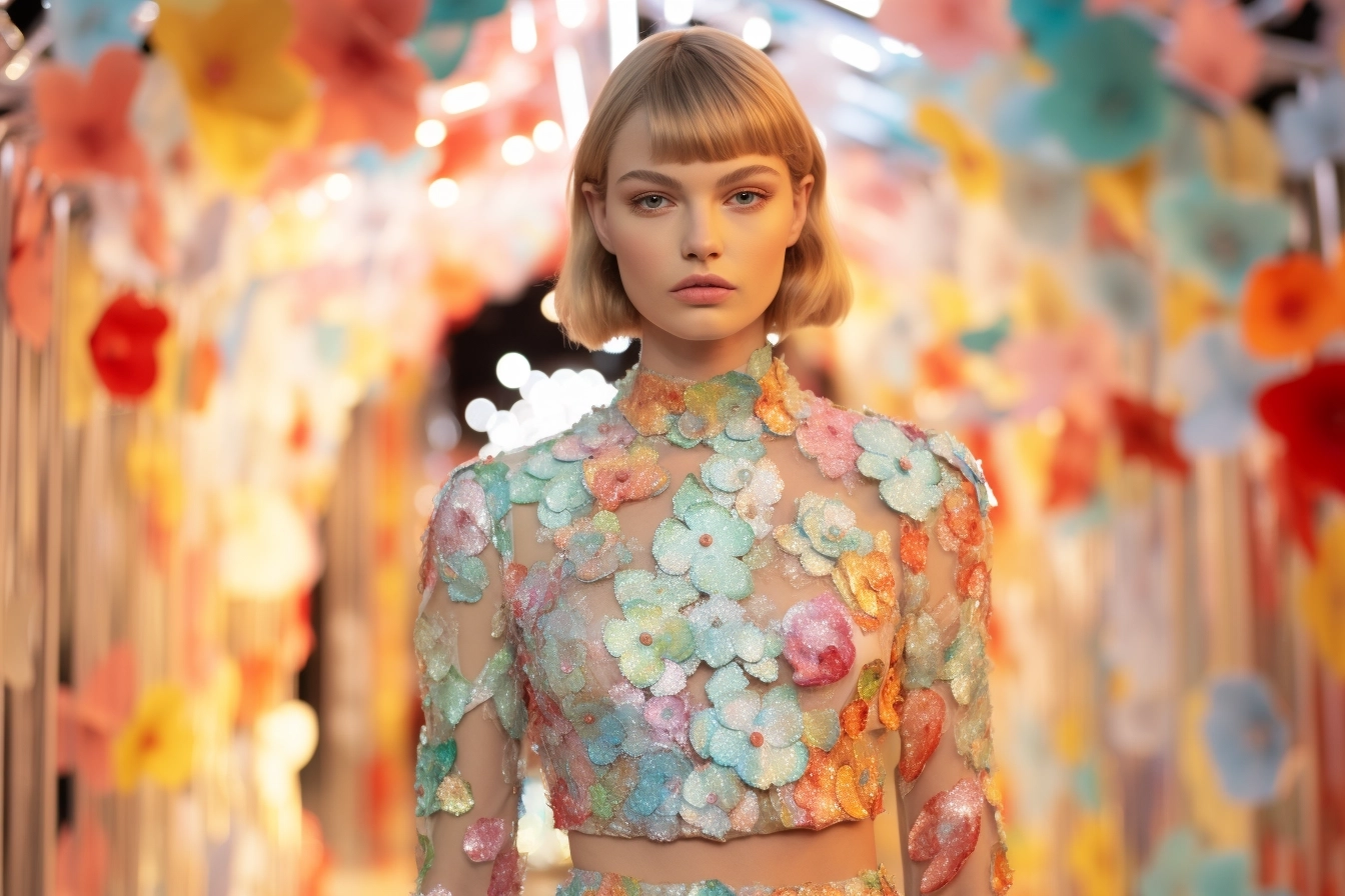 Paperclip miniature fashion show catwalk, sequins embroidery in pastel colours and glittery multicoloured sequins, in the style of vibrant florals, gold leaf, bold and vibrant primary colors
