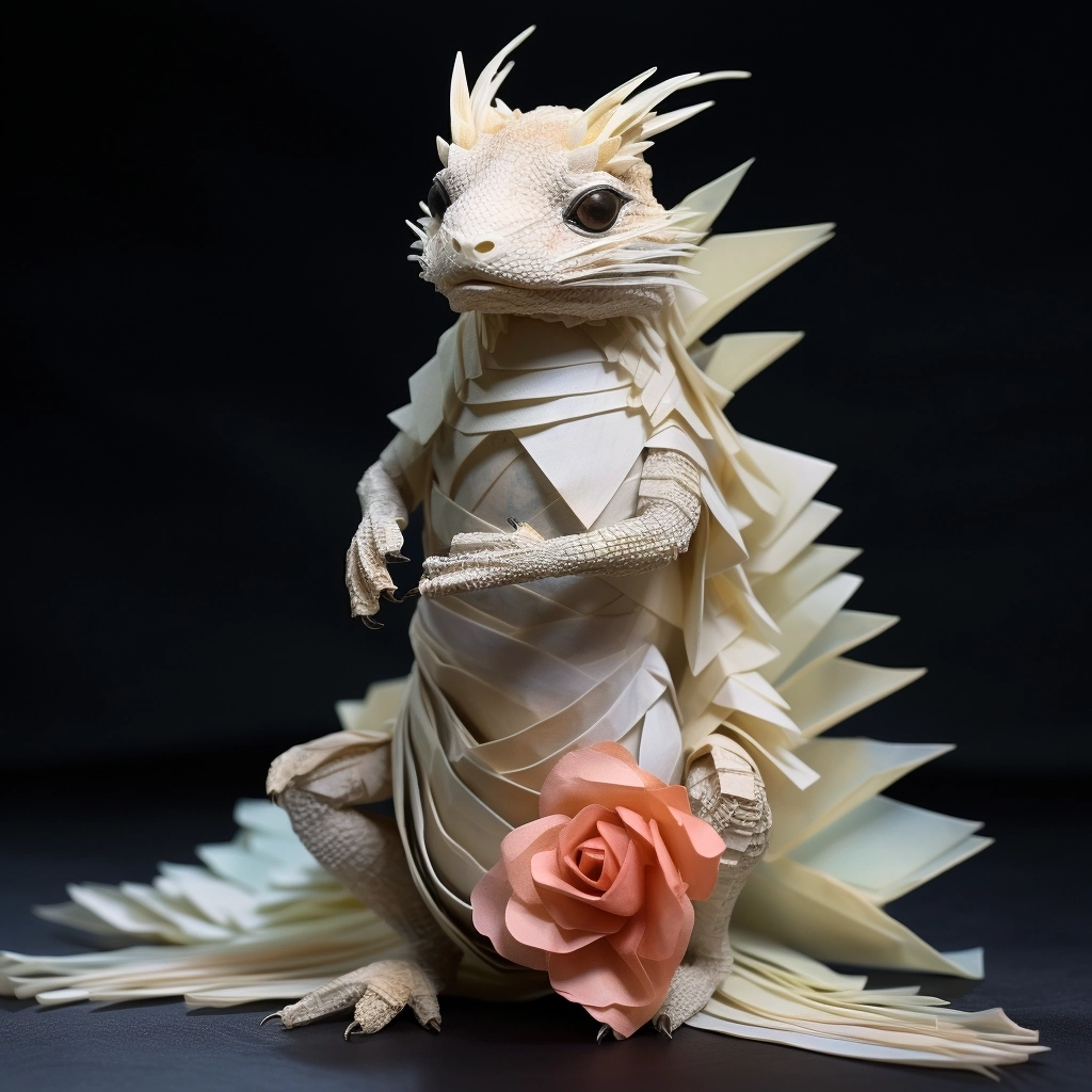 AXOLOTL full body made of thin paper, dressed as a princess, chiaroscuro