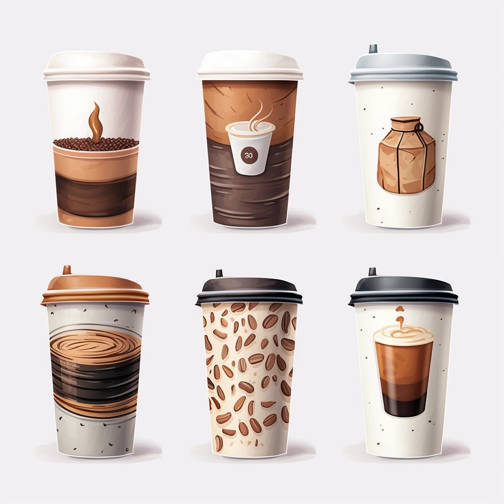 Set of 6 takeaway coffees, game assets, progressive, seperated, white background
