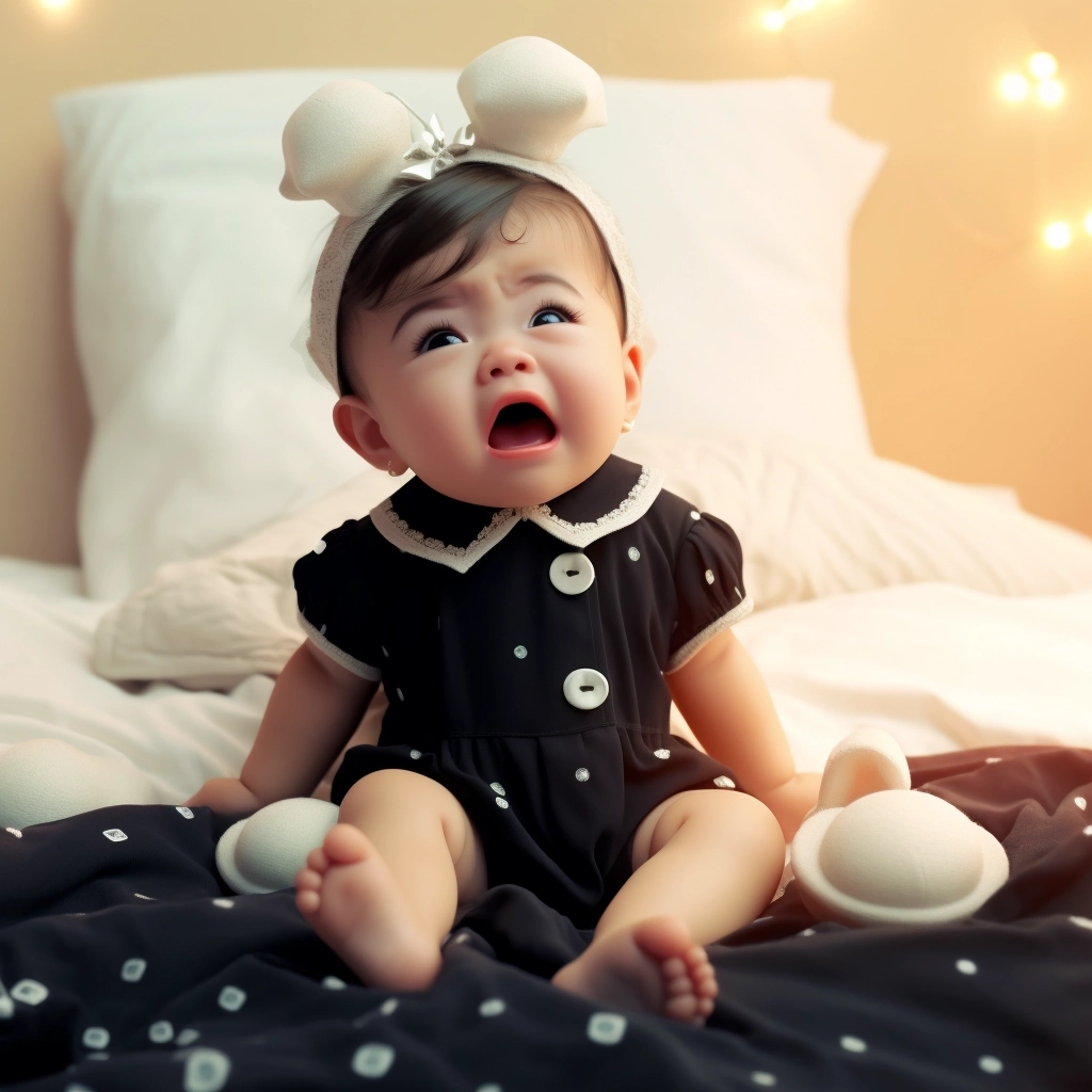 A super cute Chinese baby,Sit on the bed,Look at you with wide eyes,Dream background,3d,octane render,ray tracing,disney style，