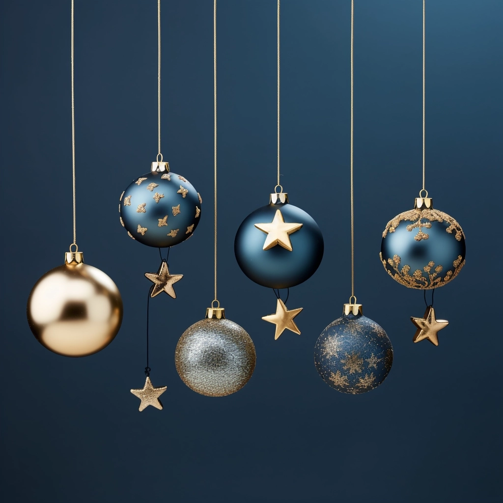 7 christmas balls in diffìerent shapes, in gold color palette, hanging on top of the composition, festive decorations and blue mono background