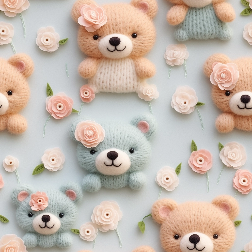 Embroidered felt head cute teddy bears pattern, spring flowers, organic wool pearlescent texture, wool fiber, on needle felted background background