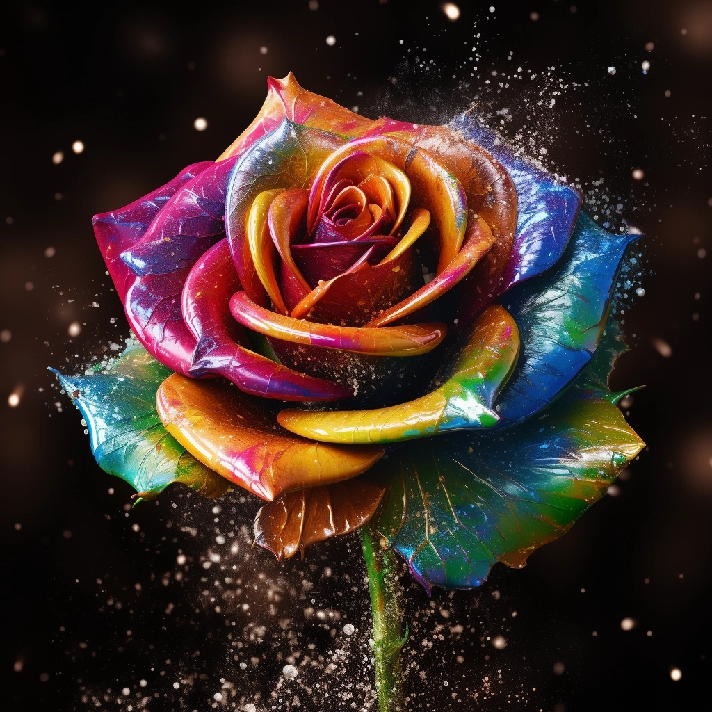 COLORFUL PAINT SPLASH GLITTER STARS AND BEAUTIFUL ROSE,SOSO SOSO ''3D'',BLACK FANTASY PAINTING, painting, 3d render, v5