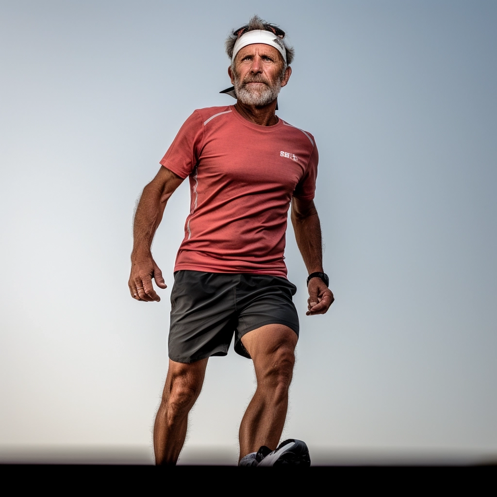 Professional and cinematic fine art photo of a fifty years old man in tight shorts before the run. Photo taken on white background. Canon EOS 5D Mark IV DSLR, f/ 1.8 apertures