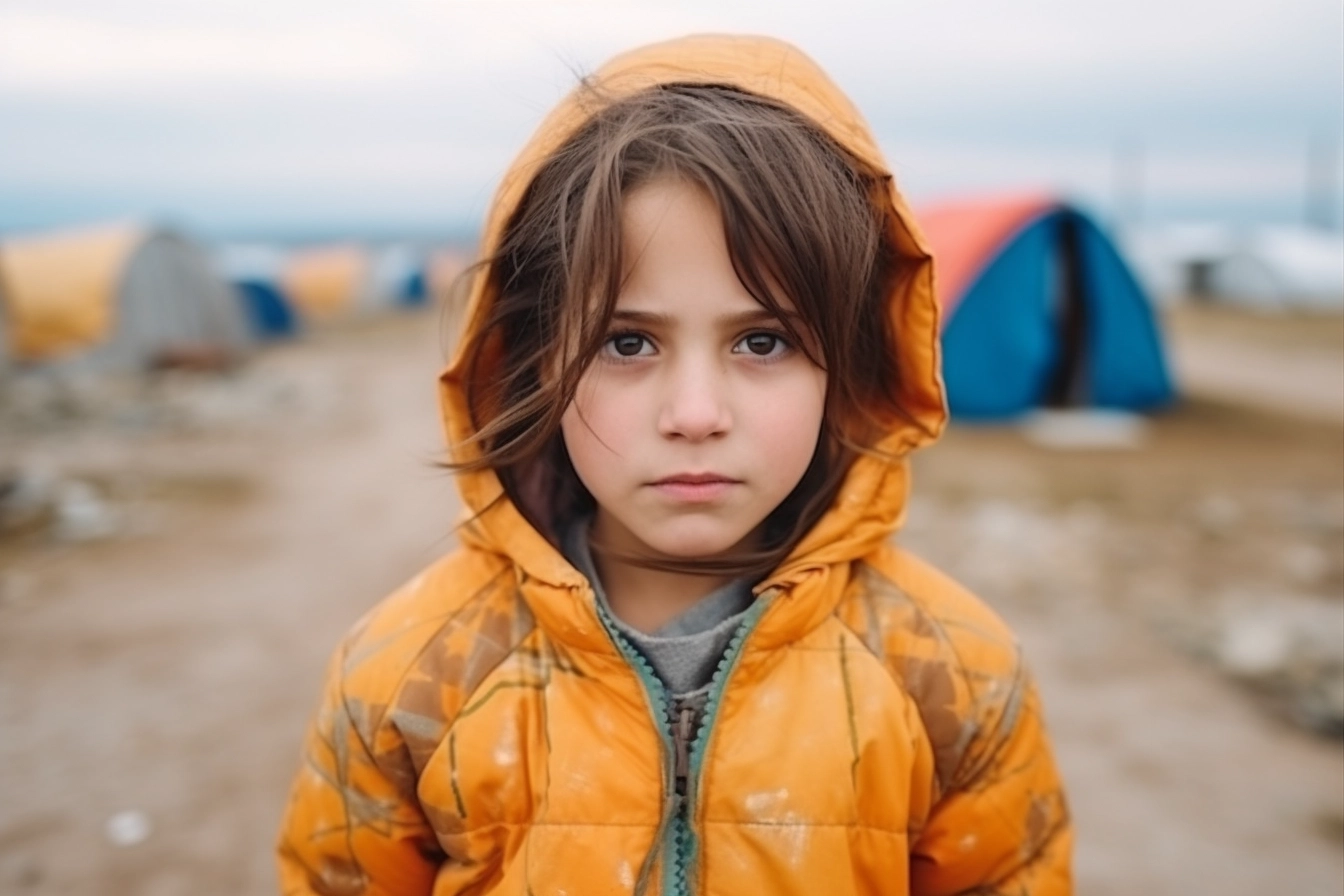 Medium shot portrait photography of a a child girl that is wearing refugee attire against refugee camp background
