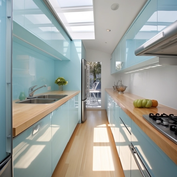 I would like a small modern galley kitchen for a bungalow with shades of blue and a glass door at the end of it that lets the light in