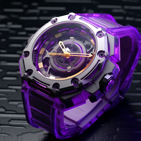 A coquettish style conceptual design chronograph with purple hollow-out complex dial and geometry-cut design reflector case, electroplated with matte, steam wave style, Cyberpunk 2077 style