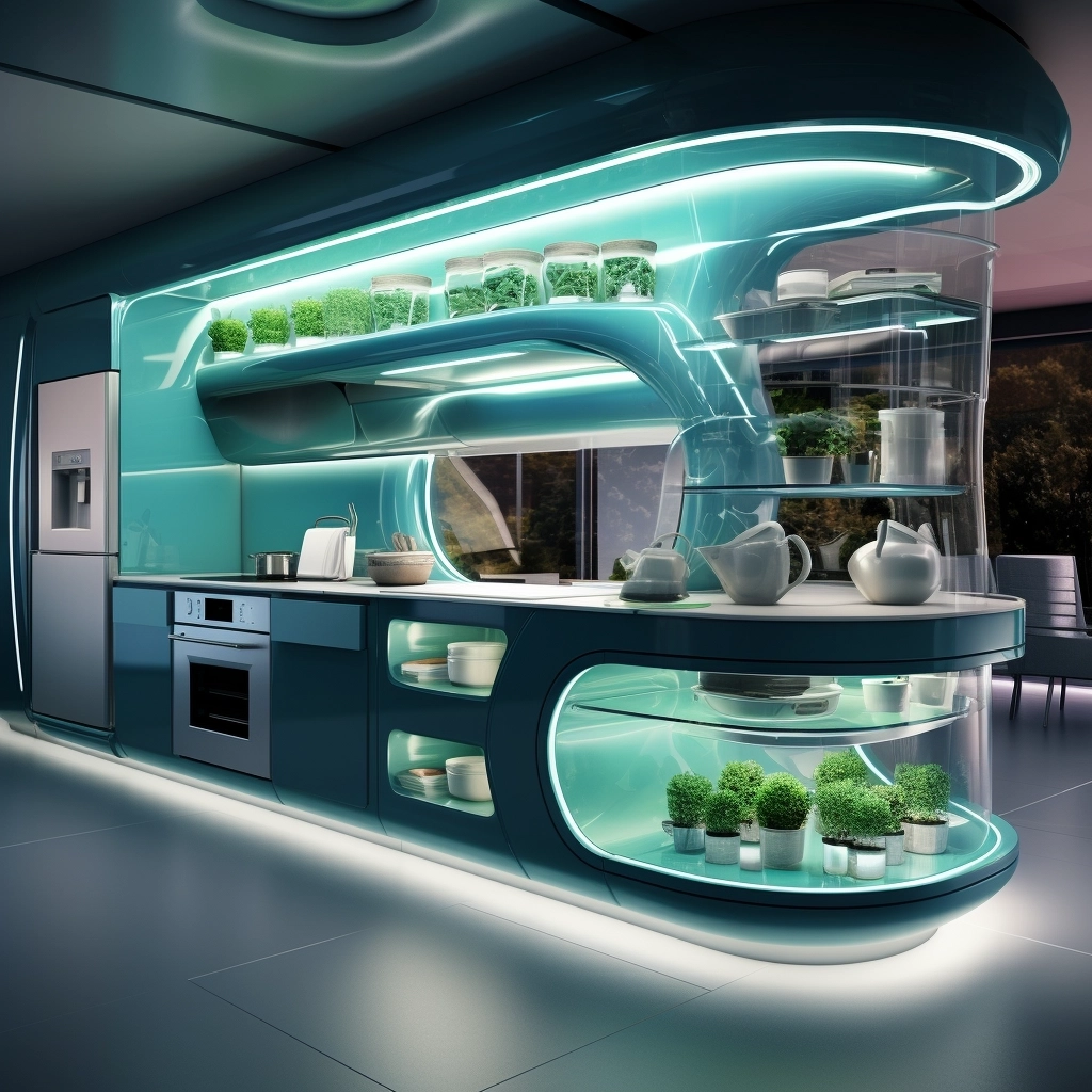A futurist smart kitchen that is filled cooking gadgets and culinary gizmos, the kitchen colors are hues of blue and green with white trim, clear glass for cabinets