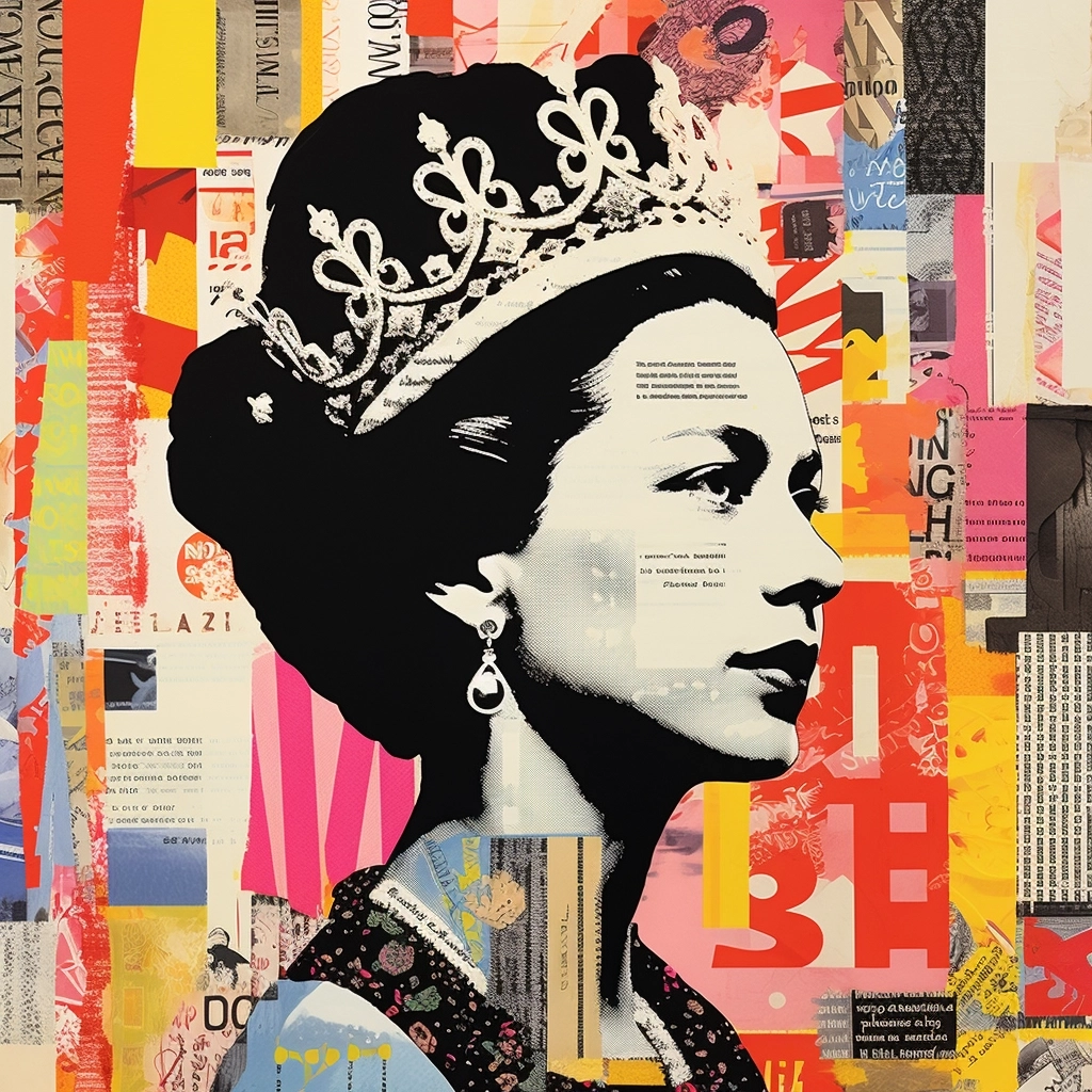 Collage style, magazine cut outs, queen elizabeth the second, graphic design poster, lino print, abstract, modern minimalism, shepard fairey style, bauhaus, midcentury modern