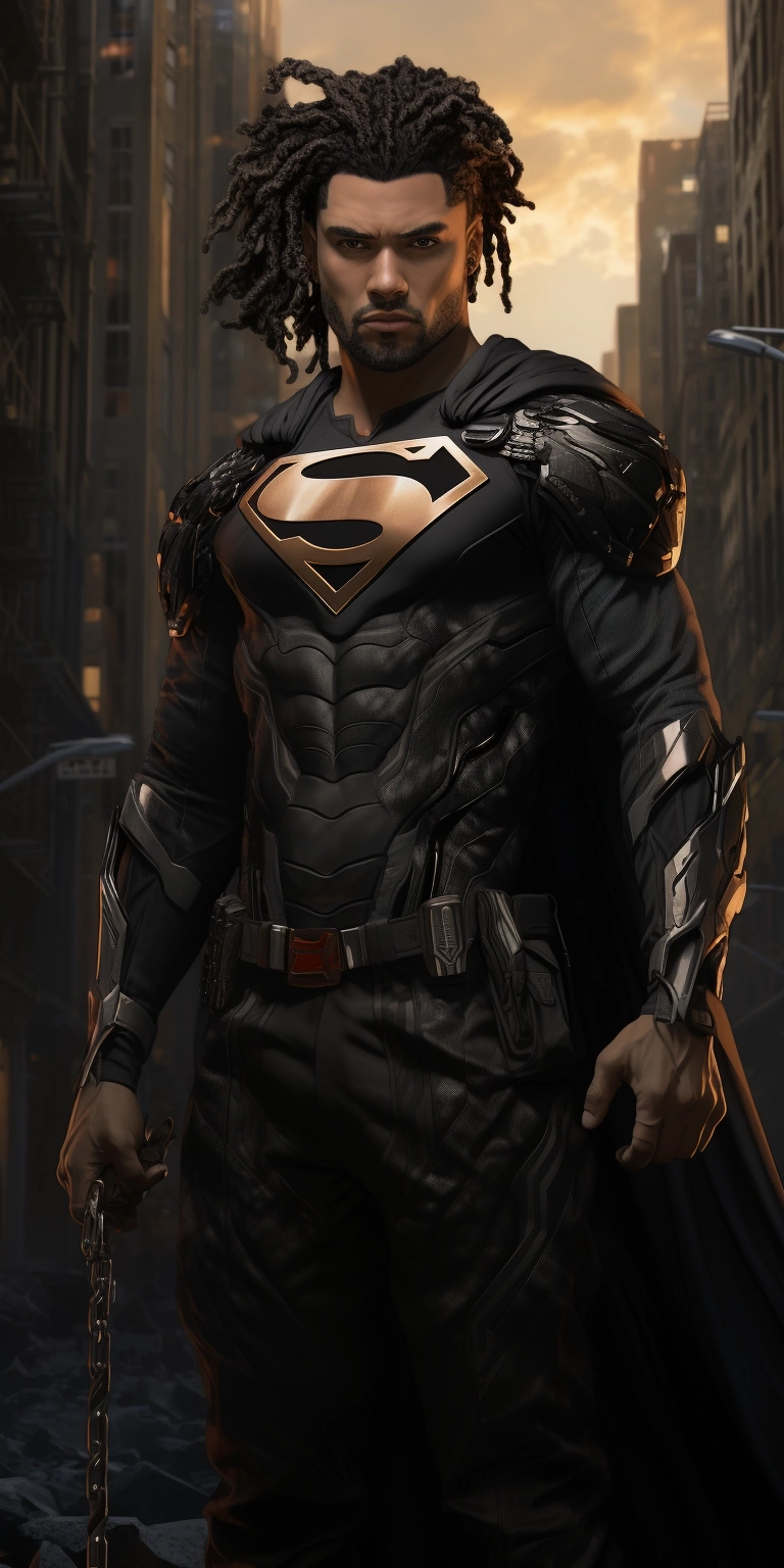 Full-length Anime in the style of DC Comics: A tall, muscular, bearded Mulatto Superman with a dreadhawk hairstyle. His costume is all black with a metallic black emblem on his chest