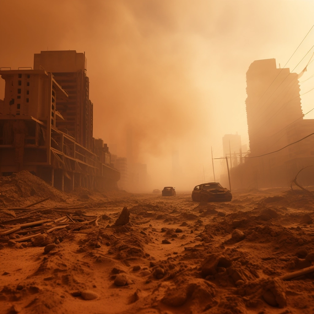A half-destroyed empty city during a red sandstorm with big american building