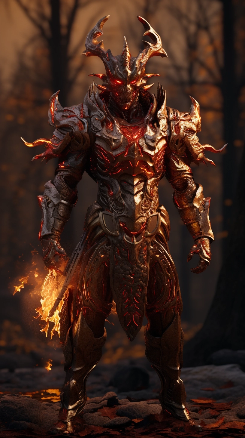 A character with horns and armor standing in the fire, in the style of unreal engine 5, red and gold, deathcore, exaggerated anatomy, 32k uhd, made of all of the above, solarizing master