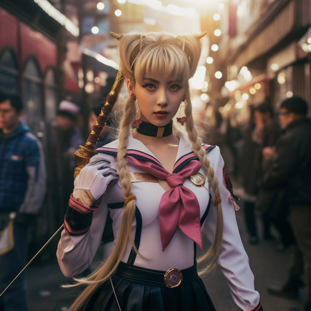 Sailor moon wearing classic combat uniform, holding magic weapons, ready to fight in Tokyo’s streets in the 90´s. Sailor moon traits, fun vibes, lots of movements.