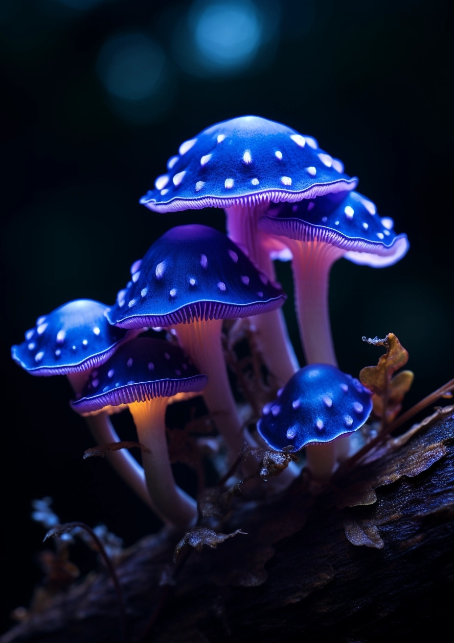 Macro photograph of bioluminescent blue mushrooms with a purple hue, translucent with stars shining inside, glowing in the dark, nature photography, against a dark background