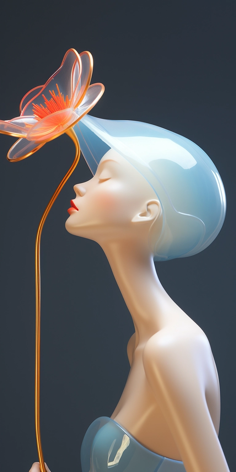 A woman with a very unique head of flowers, in the style of futuristic glamour, dark azure and orange, 3d, made of glass, close-up, whimsical and fantastical elements, colorful curves