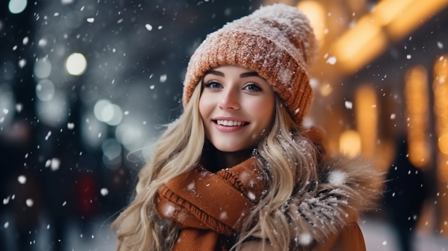 Happy festive beautiful woman in new year style wear on the snowing street