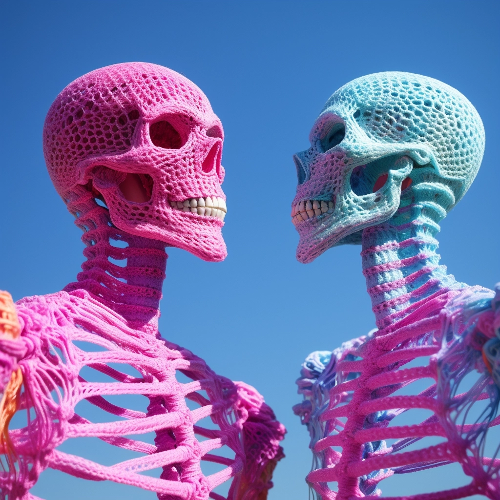 Knitted skeletons, vaporwave colors