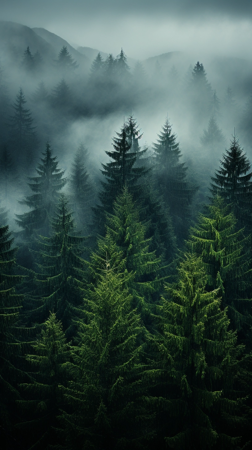 Top shot of a coniferous forest, foggy, photography