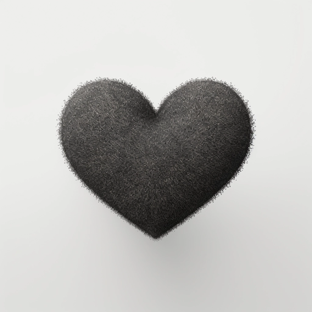 Heart shape with rough small particle rough consistent fuzzy texture, solid dark grey, white background, 3d