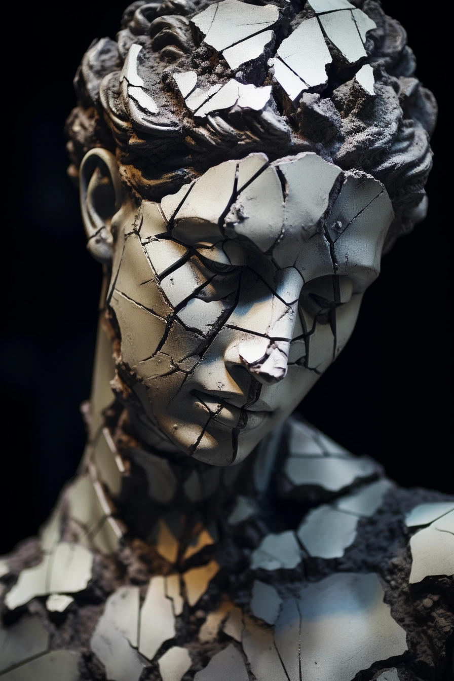 A cinematic shot of a female Greek sculpture that’s cracked and is about to crumble